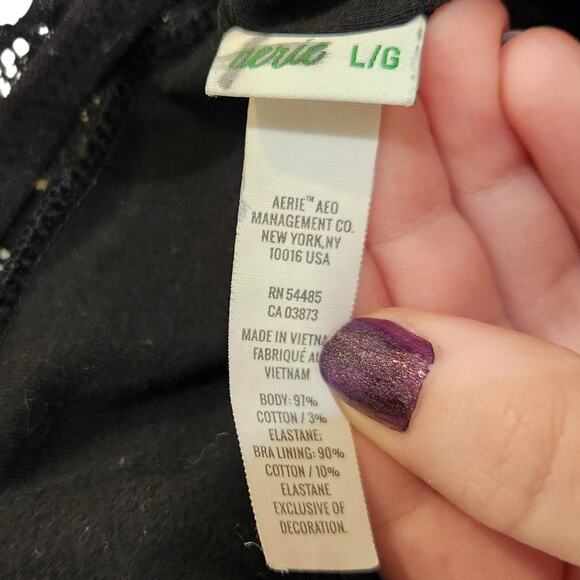 Aerie True Black Stretch Unpadded Pointelle Lace Trim Longline Bralette Large - Picture 6 of 8